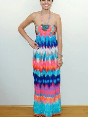 Halter strapless maxi dress, rainbow multi colored, beads, Soulmates, 3X